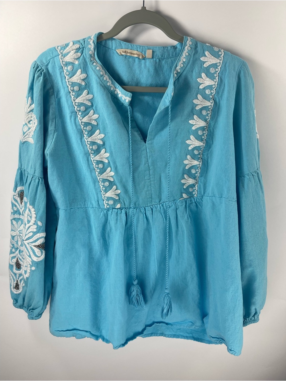 Soft Surroundings Embroidered Bohemian Peasant Flax Linen Blend XL Top